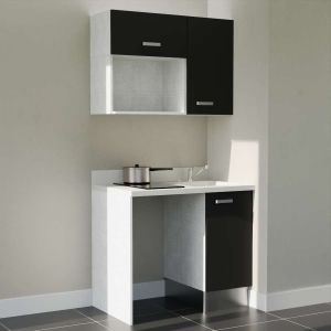 Kitchenette K00 - 100 cm - meubles noir, plan monobloc blanc avec évier à droite 