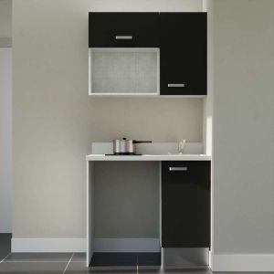 Kitchenette K00 - 100 cm - meubles noir, plan monobloc blanc avec évier à droite 