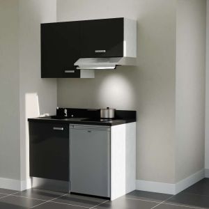 Kitchenette K01 - 120 cm avec emplacement frigo top et hotte - couleur noir - plan monobloc noir évier à gauche