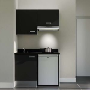 Kitchenette K01 - 120 cm avec emplacement frigo top et hotte - couleur noir - plan monobloc noir évier à gauche