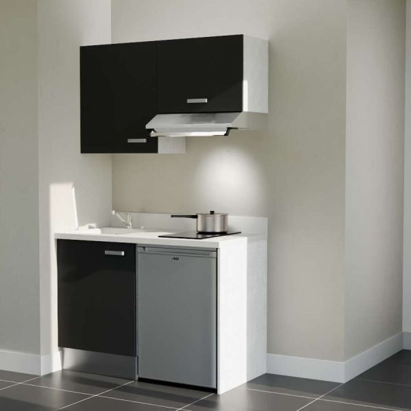 Kitchenette K01 - 120 cm avec emplacement frigo top et hotte - couleur noir - plan monobloc blanc évier à gauche