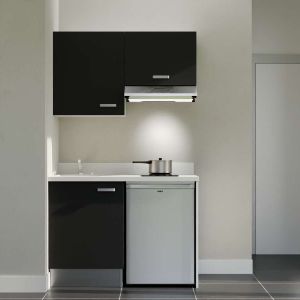 Kitchenette K01 - 120 cm avec emplacement frigo top et hotte - couleur noir - plan monobloc blanc évier à gauche