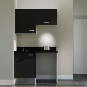 Kitchenette K01 - 120 cm avec emplacement frigo top et hotte - couleur noir - plan monobloc noir évier à gauche