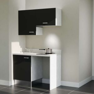 Kitchenette K01 - 120 cm avec emplacement frigo top et hotte - couleur noir - plan monobloc blanc évier à gauche