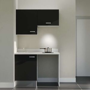 Kitchenette K01 - 120 cm avec emplacement frigo top et hotte - couleur noir - plan monobloc blanc évier à gauche