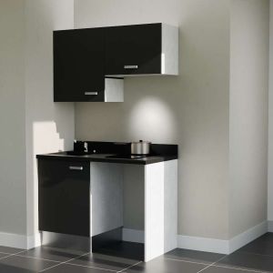 Kitchenette K01 - 120 cm avec emplacement frigo top et hotte - couleur noir - plan monobloc noir évier à gauche