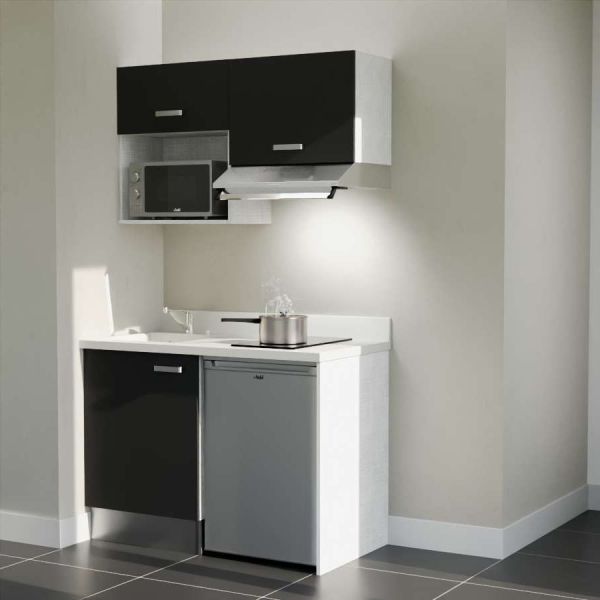 Kitchenette K02L - 120 cm - Façades noir avec plan monobloc blanc, emplacement frigo, hotte et micro-ondes et évier à gauche