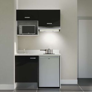 Kitchenette K02L - 120 cm - Façades noir avec plan monobloc blanc, emplacement frigo, hotte et micro-ondes et évier à gauche