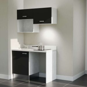 Kitchenette K02L - 120 cm - Façades noir avec plan monobloc blanc, emplacement frigo, hotte et micro-ondes et évier à gauche