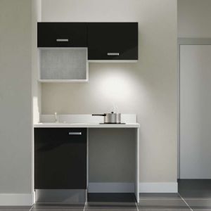 Kitchenette K02L - 120 cm - Façades noir avec plan monobloc blanc, emplacement frigo, hotte et micro-ondes et évier à gauche