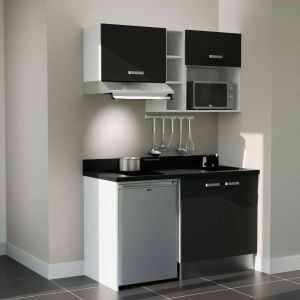 Kitchenette K13 - 140 cm avec emplacements frigo, hotte et micro-ondes - meubles noir, plan monobloc noir évier à droite