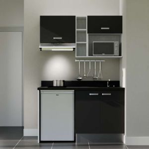 Kitchenette K13 - 140 cm avec emplacements frigo, hotte et micro-ondes - meubles noir, plan monobloc noir évier à droite