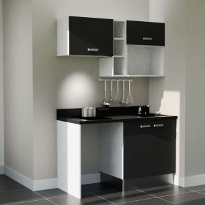 Kitchenette K13 - 140 cm avec emplacements frigo, hotte et micro-ondes - meubles noir, plan monobloc noir évier à droite