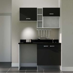 Kitchenette K13 - 140 cm avec emplacements frigo, hotte et micro-ondes - meubles noir, plan monobloc noir évier à droite