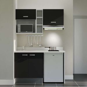 Kitchenette K13 - 140 cm avec emplacements frigo, hotte et micro-ondes - meubles noir, plan monobloc blanc évier à gauche