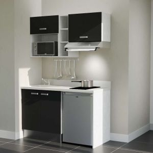 Kitchenette K13 - 140 cm avec emplacements frigo, hotte et micro-ondes - meubles noir, plan monobloc blanc évier à gauche