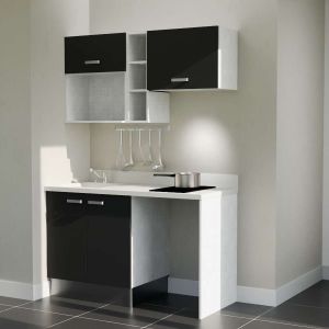 Kitchenette K13 - 140 cm avec emplacements frigo, hotte et micro-ondes - meubles noir, plan monobloc blanc évier à gauche