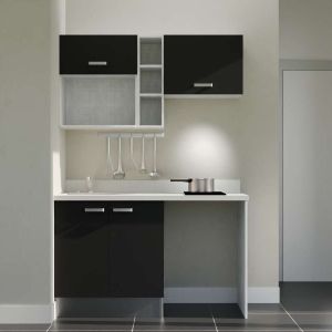 Kitchenette K13 - 140 cm avec emplacements frigo, hotte et micro-ondes - meubles noir, plan monobloc blanc évier à gauche