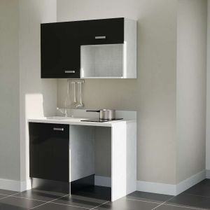 Kitchenette K07L - 120 cm - emplacements frigo top et micro-ondes - meubles coloris noir, plan monobloc blanc avec évier à gauch