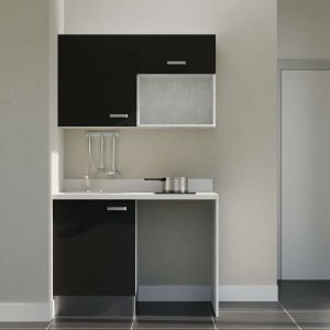 Kitchenette K07L - 120 cm - emplacements frigo top et micro-ondes - meubles coloris noir, plan monobloc blanc avec évier à gauch