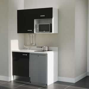 Kitchenette K07L - 120 cm - emplacements frigo top et micro-ondes - meubles coloris noir, plan monobloc blanc avec évier à gauch