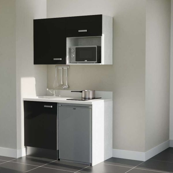 Kitchenette K07L - 120 cm - emplacements frigo top et micro-ondes - meubles coloris noir, plan monobloc blanc avec évier à gauch