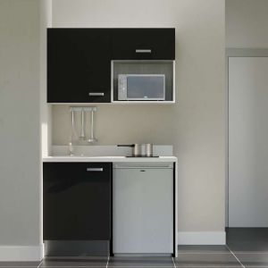 Kitchenette K07L - 120 cm - emplacements frigo top et micro-ondes - meubles coloris noir, plan monobloc blanc avec évier à gauch