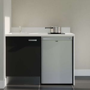 Kitchenette K08L - 120 cm emplacement frigo top - meuble bas couleur noir - bloc évier en quartz blanc
