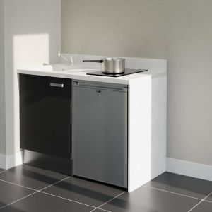 Kitchenette K08L - 120 cm emplacement frigo top - meuble bas couleur noir - bloc évier en quartz blanc