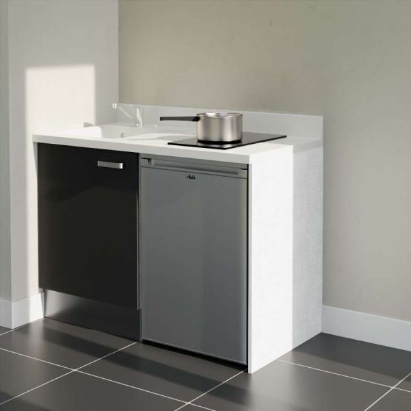 Kitchenette K08L - 120 cm emplacement frigo top - meuble bas couleur noir - bloc évier en quartz blanc