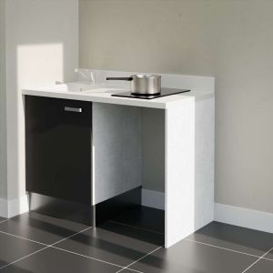 Kitchenette K08L - 120 cm emplacement frigo top - meuble bas couleur noir - bloc évier en quartz blanc
