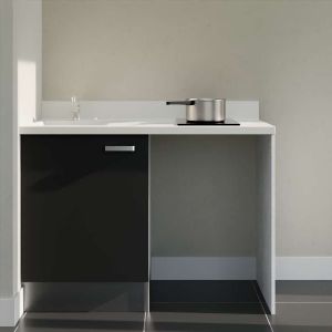 Kitchenette K08L - 120 cm emplacement frigo top - meuble bas couleur noir - bloc évier en quartz blanc