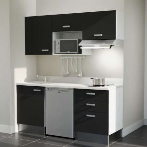 Kitchenette K20 - 180 cm avec emplacements frigo, micro-ondes et hotte - meubles noirs, plan monobloc blanc évier à gauche