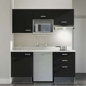 Kitchenette K20 - 180 cm avec emplacements frigo, micro-ondes et hotte - meubles noirs, plan monobloc blanc évier à gauche