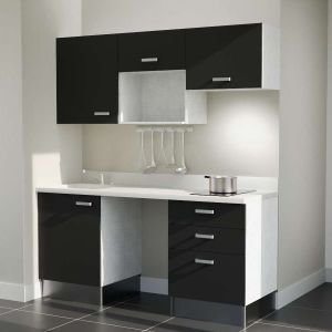Kitchenette K20 - 180 cm avec emplacements frigo, micro-ondes et hotte - meubles noirs, plan monobloc blanc évier à gauche