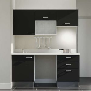 Kitchenette K20 - 180 cm avec emplacements frigo, micro-ondes et hotte - meubles noirs, plan monobloc blanc évier à gauche