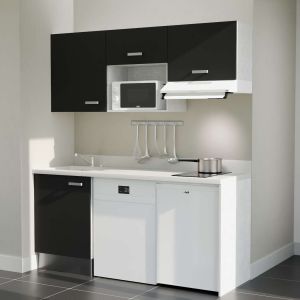 Kitchenette K55 - 180 cm avec emplacement micro-ondes, frigo et lave-vaisselle - meubles noirs, plan monobloc blanc évier à gauc