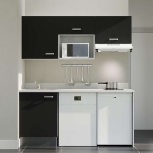 Kitchenette K55 - 180 cm avec emplacement micro-ondes, frigo et lave-vaisselle - meubles noirs, plan monobloc blanc évier à gauc