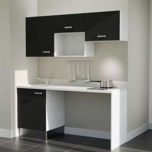 Kitchenette K55 - 180 cm avec emplacement micro-ondes, frigo et lave-vaisselle - meubles noirs, plan monobloc blanc évier à gauc