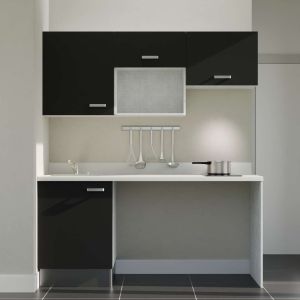 Kitchenette K55 - 180 cm avec emplacement micro-ondes, frigo et lave-vaisselle - meubles noirs, plan monobloc blanc évier à gauc