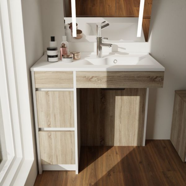 Meuble salle de bain PMR ANDY PLUS 90 cm bois et blanc - Vasque déportée à droite