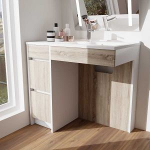 Meuble salle de bain PMR ANDY PLUS 90 cm bois et blanc - Vasque déportée à droite