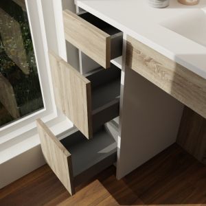 Meuble salle de bain PMR ANDY PLUS 90 cm bois et blanc + miroir Rota Plus - Vasque déportée à droite