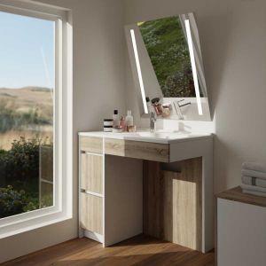 Meuble salle de bain PMR ANDY PLUS 90 cm bois et blanc + miroir Rota Plus - Vasque déportée à droite