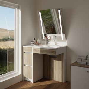 Meuble salle de bain PMR ANDY PLUS 90 cm bois et blanc + miroir Rota Plus - Vasque déportée à droite