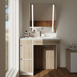 Meuble salle de bain PMR ANDY PLUS 90 cm bois et blanc + miroir Rota Plus - Vasque déportée à droite