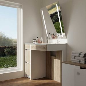 Meuble salle de bain PMR ANDY PLUS 90 cm bois et blanc + miroir Rota Plus - Vasque déportée à droite