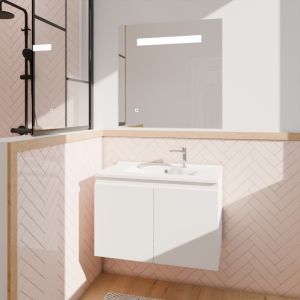 Meuble salle de bain suspendu 80 cm avec porte pivotante avec plan vasque en résine PROLINE et miroir Elégance ht80 - Blanc bril