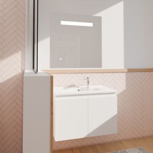 Meuble salle de bain suspendu 80 cm avec porte pivotante avec plan vasque en résine PROLINE et miroir Elégance ht80 - Blanc bril