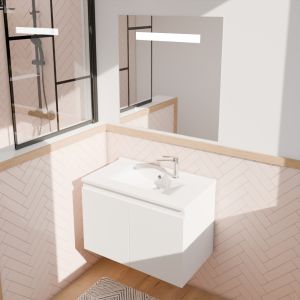 Meuble salle de bain suspendu 80 cm avec porte pivotante avec plan vasque en résine PROLINE et miroir Elégance ht80 - Blanc bril